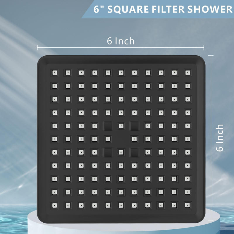 High Pressure Rain Shower Head with Filtered - 6" Square Showerhead Filter for Remove Chlorine and Harmful Substances, Improve Hair and Skin Problems, Matte Black