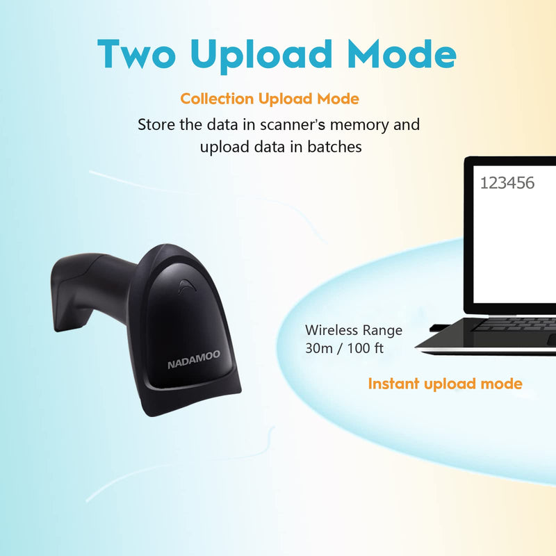 NADAMOO Wireless Barcode Scanner with Stand 2-in-1 2.4G Wireless & Wired USB Bar Code Scanner Handheld Laser Bar Code Reader Automatic Hand Scanner for Computer POS Warehouse Inventory Library Yellow