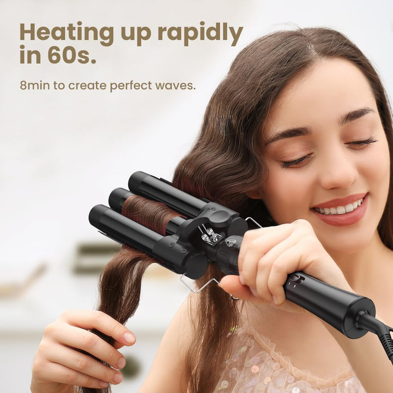 Hair Waver Curling Wand Iron Tong, Chopstick, 5 in 1 Hair Curler for Long Hair 10mm-32mm with 2 Crocodile Clips 1 Anti-Scald Silicone Gloves, PTC Ceramic Triple Barrels LCD 180°C & 210°C Black