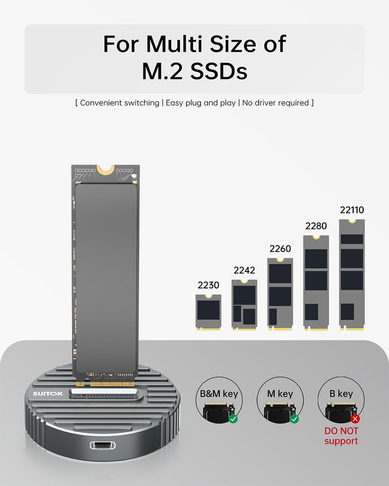 M.2 NVMe SSD Reader External, 10Gbps M2 to USB Adapter for Both M 2 (M Key, B+M Key) NVMe and SATA NGFF SSD Dock, Size for 22110 2280 2260 2242 2230 Drive Round Docking - Aluminum Alloy STK06 Lite 10Gbps M.2 Dock