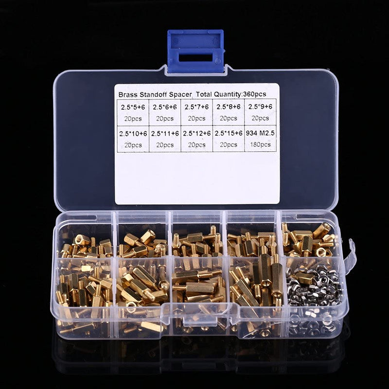 360pcs Hex Brass Standoff M2.5 Male-Female Threaded Spacer Standoff Screw Nut Pillar Standoff Assortment PCB Motherboard Assortment Kit Used in Machinery Industry, Electronic Industry