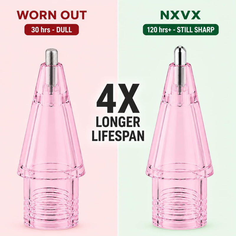 NXVX Replacement Tips for Apple Pencil, Silver Standard, 6-Pack, Pink | Paper-feel needle nib for writing and sketching, wear-resistant metal, fits all generations, clear flip storage case F2 6-Pack Silver Standard Pink