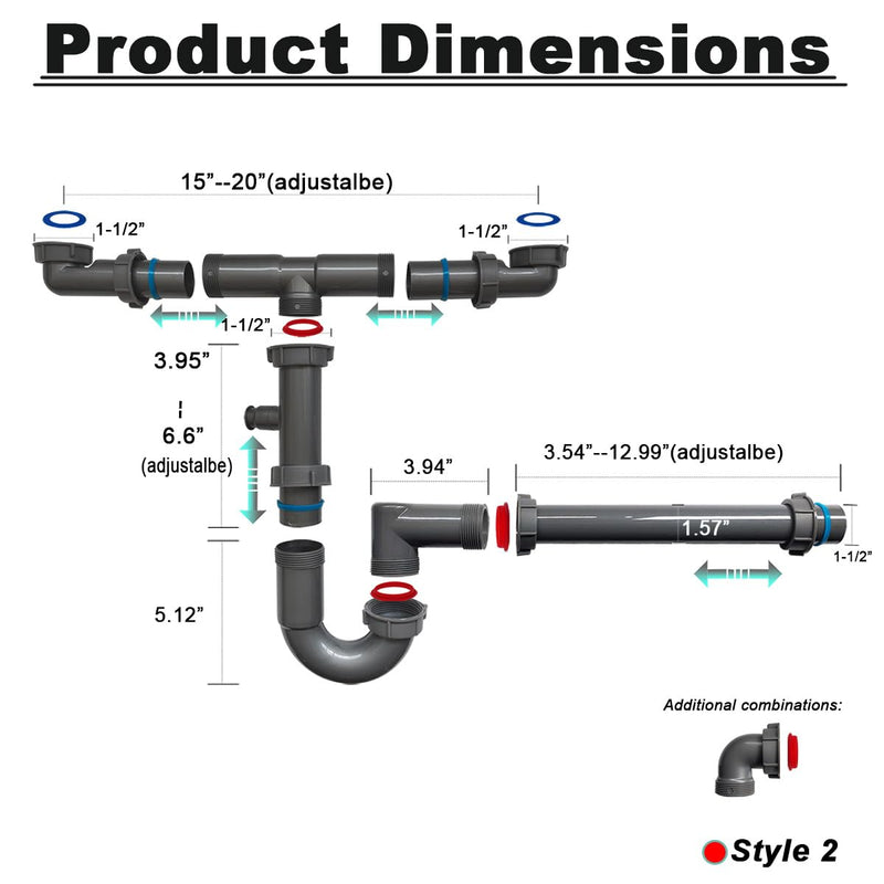 1-1/2" Double Sink Drain Pipe Kit with P-Trap, Wall-Outlet, Complete Plumbing Replacement for Double Kitchen Sinks