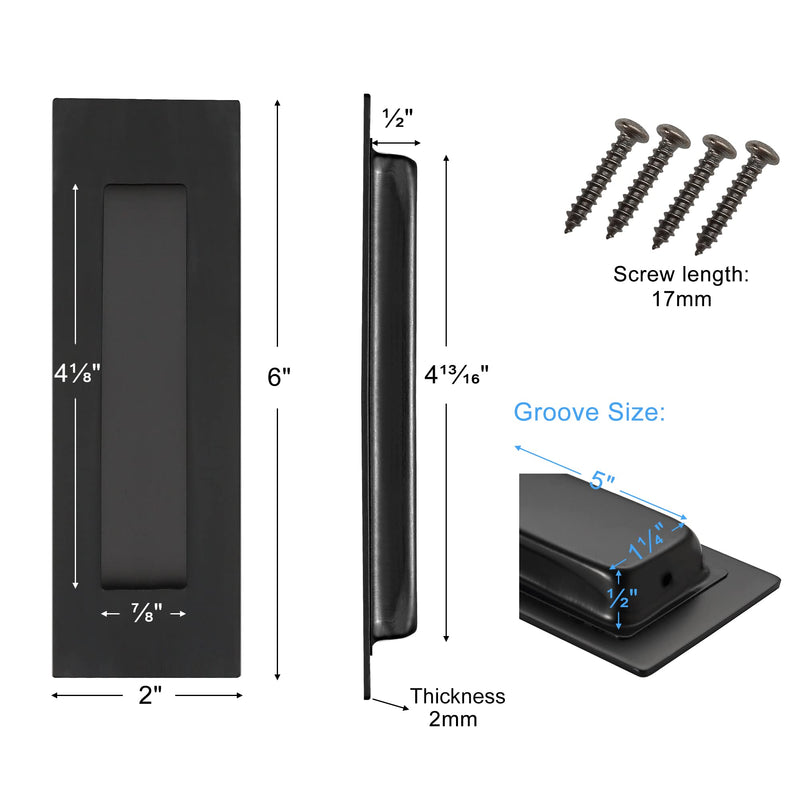 Malimali 6 Inch Recessed Finger Flush Pulls for Pocket Door Closet Door, Sliding Barn Door Handle, Matte Black Stainless Steel Rectangular Door Edge Pulls Hardware(3 Pack A) Stainless Steel Black (3 Pack A)