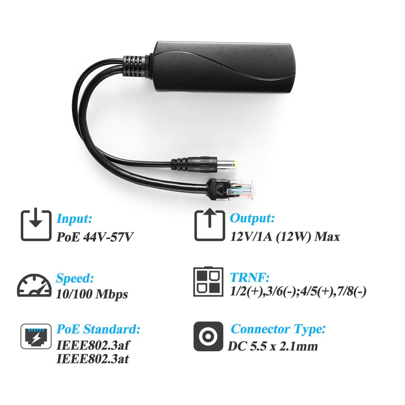 Active PoE Splitter 12V 1A Output with IEEE 802.3af Standard Compliant 10,100Mbps Power Over Ethernet Splitter Adapter for Security IP Camera CCTV Surveillance Device 5.5x2.1mm (PS5712P Black) 12V 1A PS5712P
