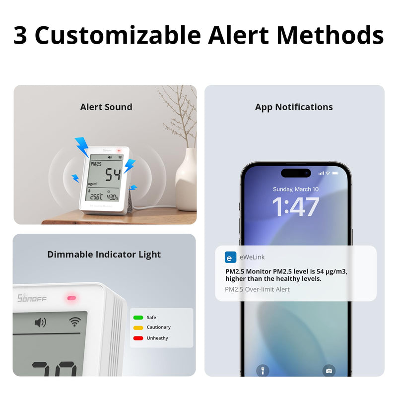 SONOFF SAWF-07P Smart Indoor Air Quality Monitor with PM2.5, PM10, Temperature & Humidity Sensor, Real-Time Display, Notification, Matter-Compatible, 2.4GHz WiFi, 3.73-inch Screen, for Bedroom, Nusery