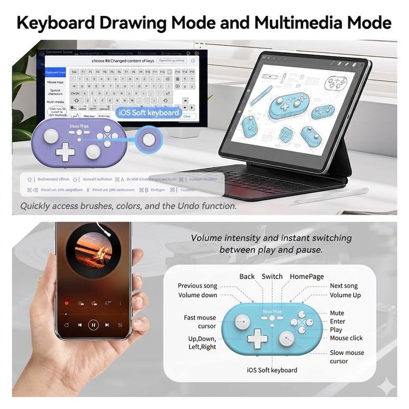 ShanWan wireless handheld controller, suitable for Switch/Switch 2/Android/iOS/PC/Steam Deck/phone, 1000Hz polling rate, with custom keyboard mode for Procreate drawing Bluetooth controller/6-axis gyroscope/vibration (blue) blue