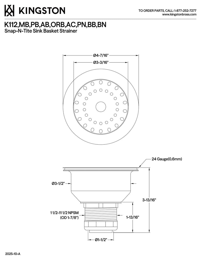 Kingston Brass K112PB Tacoma Kitchen Sink Basket Strainer, Polished Brass 4.44 x 4.44 x 3.81