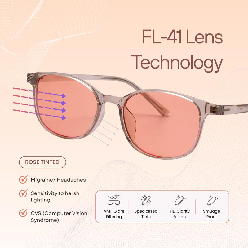 BRADDELL FL-41 Rose Tinted Migraine Light Sensitivity Glasses for Fluorescent LED Glare, Photophobia and Eye Strain (Clear rectangle)