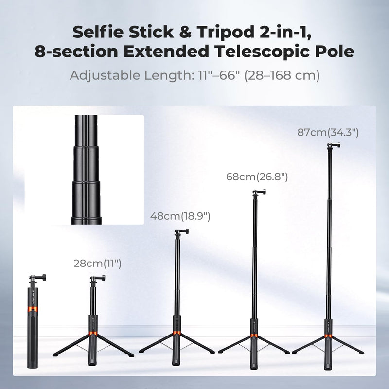 K&F CONCEPT 66" 2-in-1 Invisible Selfie Stick Tripod for Insta360 X5/X4/X3 | Extension Pole Adjustable Handle Grip for Luna Ultra, X6,GoPro, DJI Osmo Pocket 3/4, Action 5 Pro/6/4/3, DJI Osmo 360 JF-105L