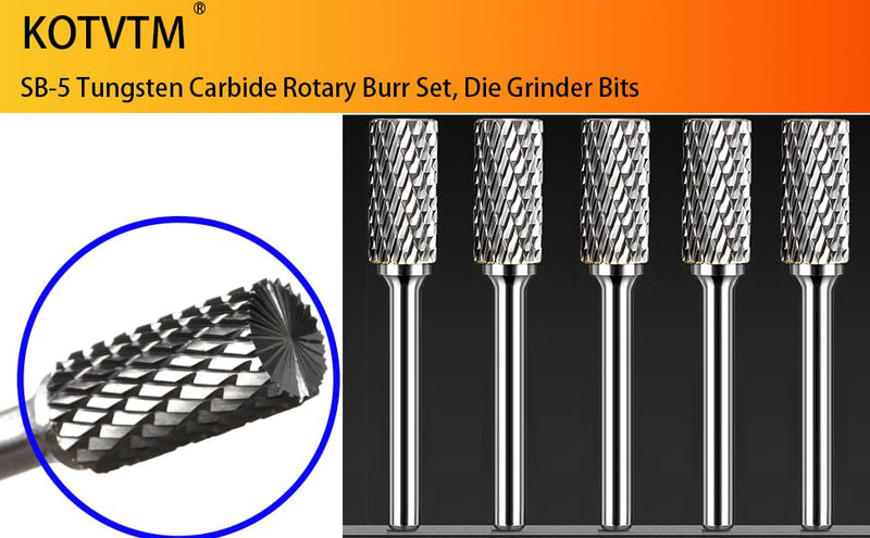 Carbide Burr Set 1/4" Shank SB-5 Die Grinder Bits Tungsten Double Cut Burr Bits (1/2" Cutter Dia X 1" Cutter Length) for Die Grinder Kits Metal Grinding Drilling Polishing (5pcs) Sb-5, Head Cutting Diameter: 1/2" (5pcs)