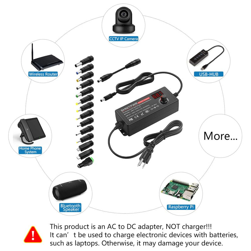 SHNITPWR 3V ~ 24V 3A 72W Power Supply Adjustable DC 3V 5V 6V 9V 12V 15V 16V 18V 19V 20V 24V Variable Universal AC/DC Adapter 100V-240V AC to DC Converter with 14 Tips 5.5x2.5mm 4.0x1.7mm 3.5x1.35mm Black