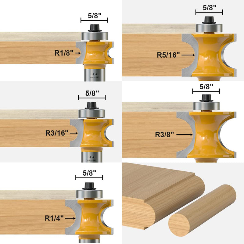 Fivepears 5Pcs Bullnose Router Bit Set 1/2 Shank, Bearing Half Round Router Bits for Woodworking, Carbide Tipped Edge Bits for Cutting Door Cabinet Shelve Table, Radius 1/8", 3/16", 1/4", 5/16", 3/8" 5 Bits Set - 1/2" Shank