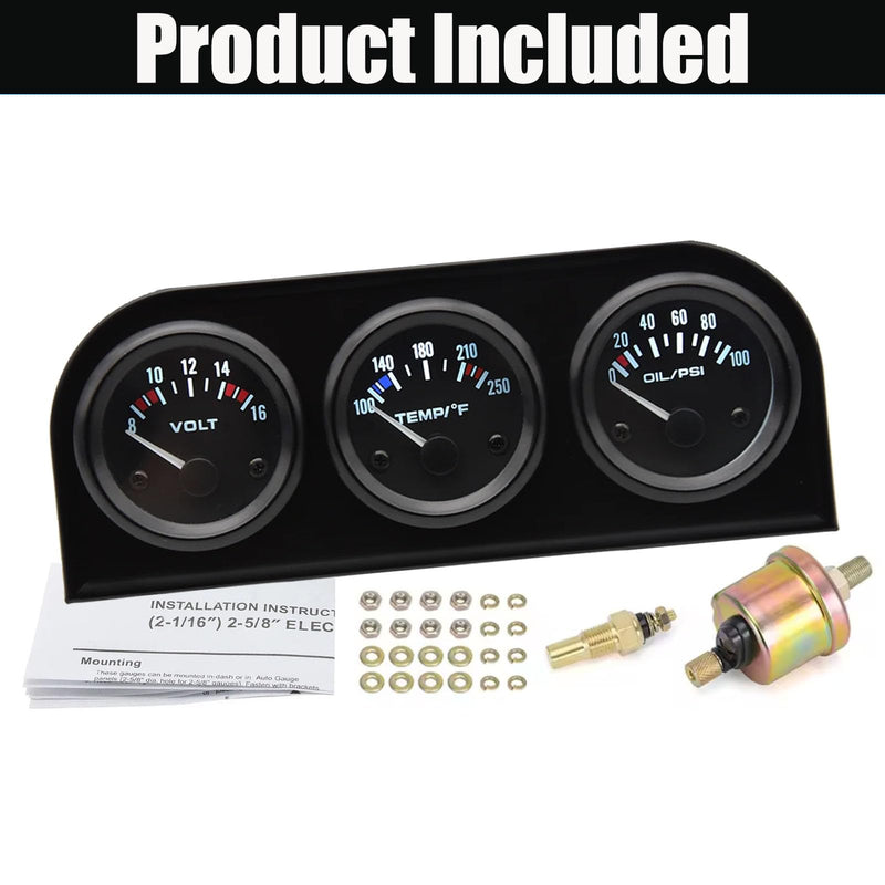 3-in-1 Triple Gauge Kit - Oil Pressure, Voltage & Water Temperature Gauges for Cars Black