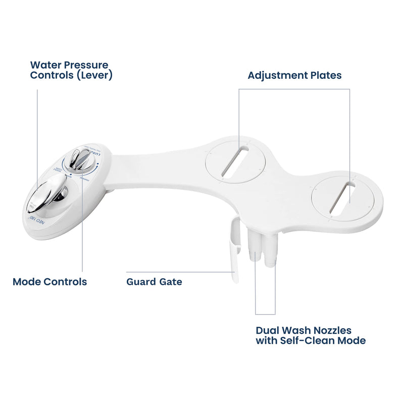 LUXE Bidet NEO 180 - Dual Nozzle, Self-Cleaning, Non-Electric Bidet Attachment for Toilet Seat, Adjustable Water Pressure, Rear & Feminine Wash, with Lever Control (White) White