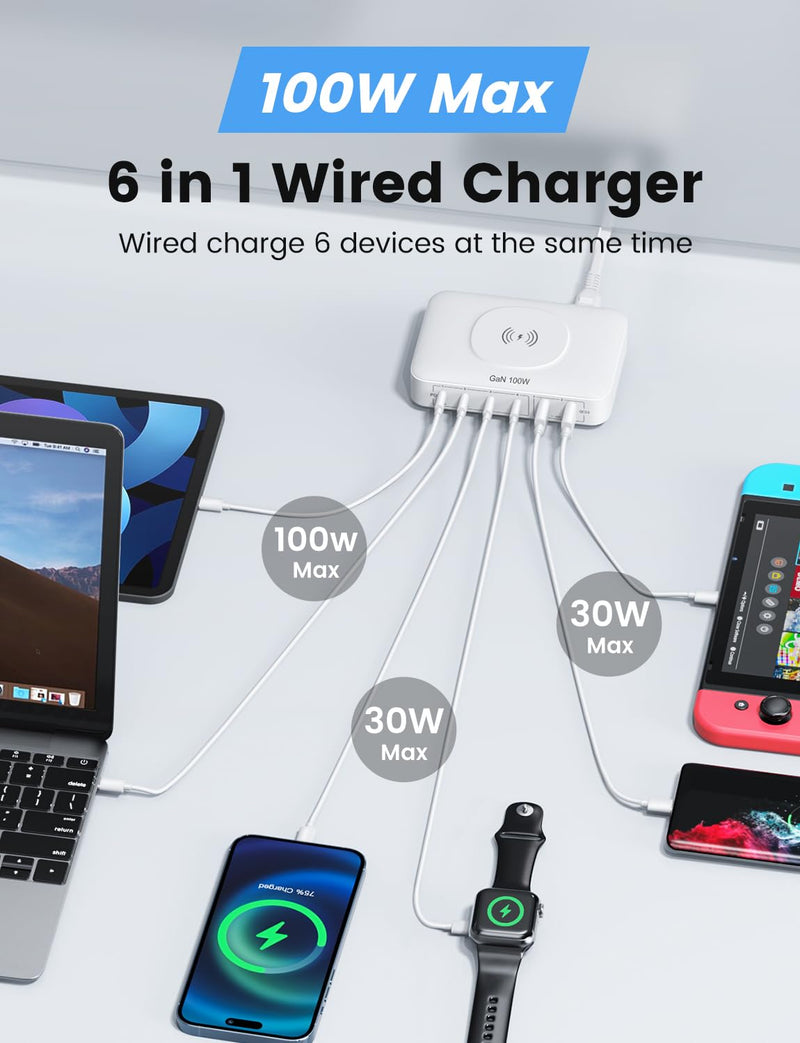 100W USB Charging Station with 15W Wireless Charger, Marnana 6-in-1 Multiple USB Ports(2 USB A and 4 USB C Ports) GaN Desktop Charger for iPhone iPad MacBook Laptop Samsung and Android Devices 100W-With Wireless Charger White