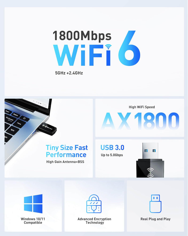 USB WiFi Adapter for PC Desktop - WiFi 6 AX1800Mbps 5GHz 2.4GHz USB 3.0 Wireless Wi-Fi Network Adapter for Desktop Computer Laptop with High Gain Wi-Fi Antenna Supports Win11/10 Black