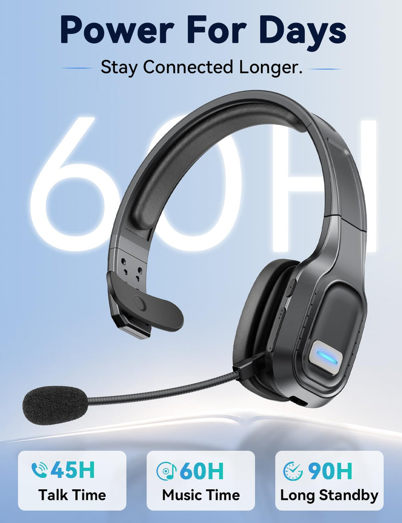 Bluetooth Headset with Mic, 60 Hours Talking Time Single-Ear Wireless Headset, ENC Noise Canceling, One-Touch Mute, Dual-Device Connection for Truck Driver, Office, Call Center, Phone/PC, Black