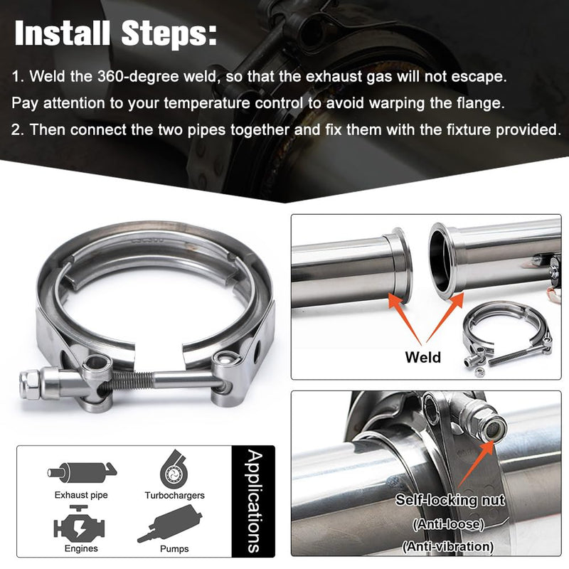 PTNHZ Universal Stainless Steel 3.0" V Band Clamp For Turbo Downpipes Exhaust Systems Sliver 3"