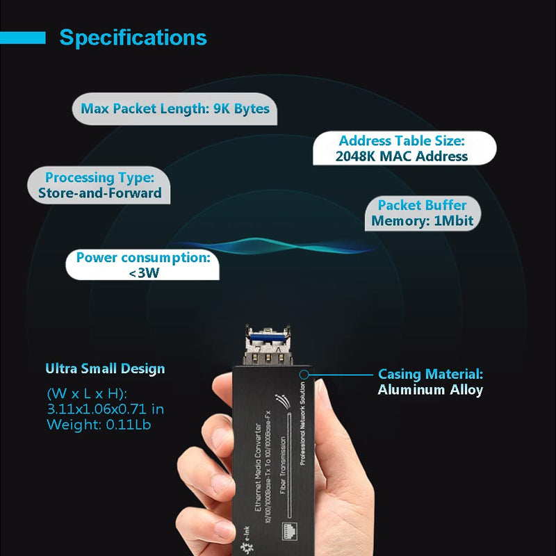 Elenzk Micro Gigabit Fiber Media Converter, 10/100/1000Mbps Ethernet to SFP, 1310nm SM 20km, DC 5V USB-C Powered, Ultra Compact SFP-SMDF-020