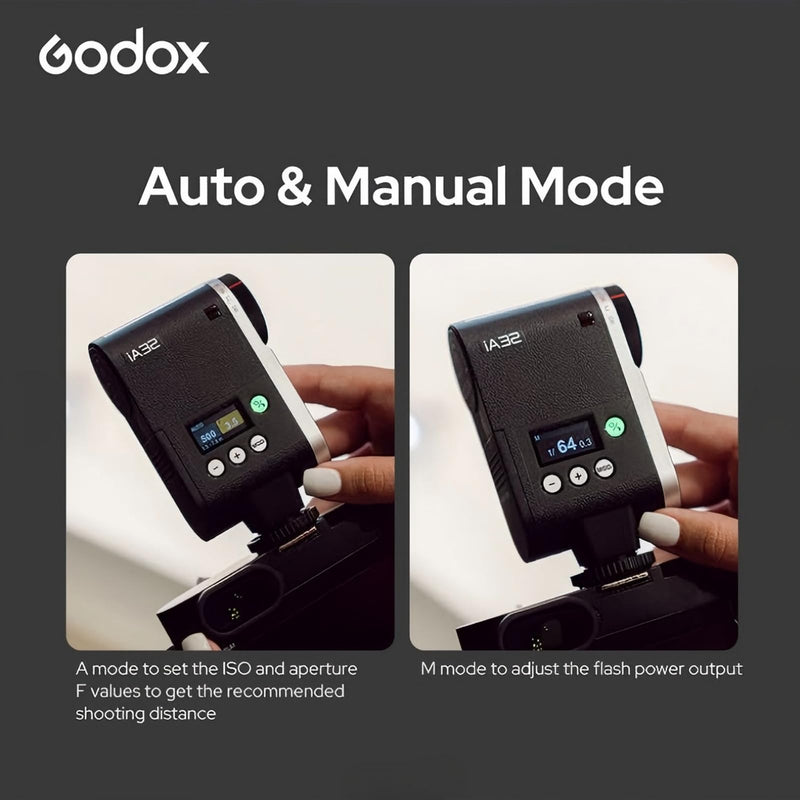 Godox iA32 Mini Automatic Flash for Canon Nikon Sony Fuji Cameras | GN15 Flash Output, Auto and Manual Modes, 8 Power Levels, 2.5s Recycling Time, 490 Flashes, Compact On-Camera Flash Design