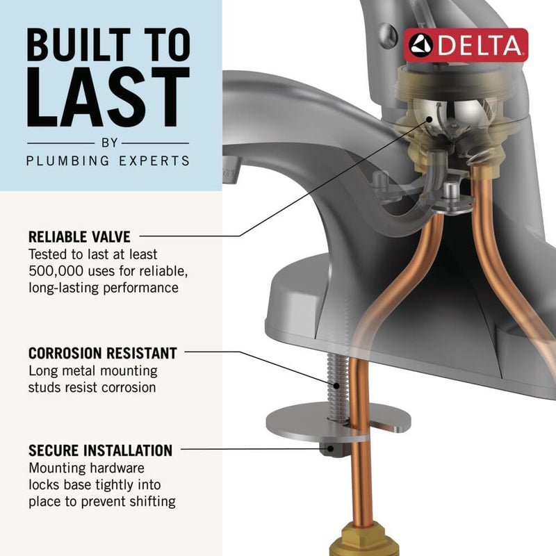 Delta Foundations Centerset Chrome Bathroom Faucet, 4 Inch 3 Hole Bathroom Sink Faucet for Vanity, Metal Push-Pop Drain Assembly, Chrome B501LF 4.25 x 6.13 x 4.25 inches