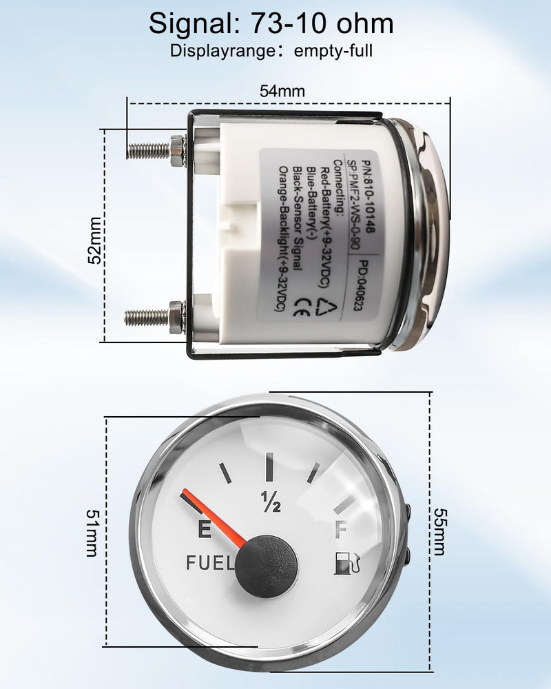 Boat Fuel Level Gauge 73-10 ohms (Empty-Full) for Marine Car RV Yacht Motorcycle Automotive, 52mm 9-32VDC White 73-10 ohm 52mm White