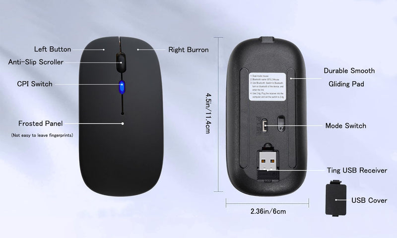 Wireless Bluetooth Mouse,LED Rechargeable Laptop Mouse .Portable Office Computer Mice use(BT5.2 and USB 2.4G) Dual Mode Connection,Silent,Slim,for Apple Laptop/ipad Tablet/Mac/PC/phone.(Black) Black