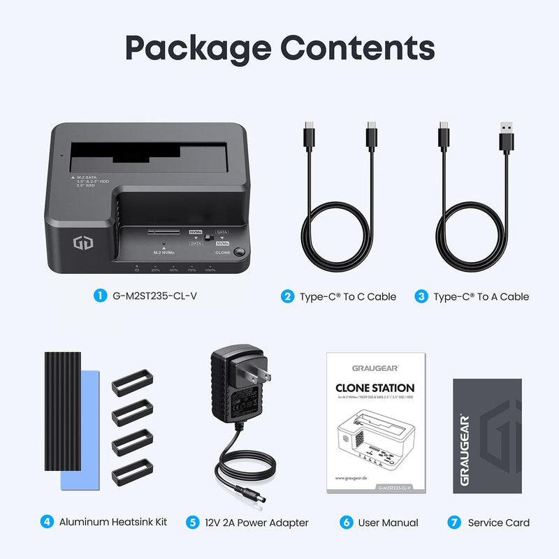GRAUGEAR M.2 NVMe & SATA HDD Hard Drive Docking Station, USB-C 10Gbps NVMe Reader, SATA to NVMe M.2 Cloner, 3.5/2.5 inch SATA SSD Enclosure Clone Station, Dual Bay Offline Clone
