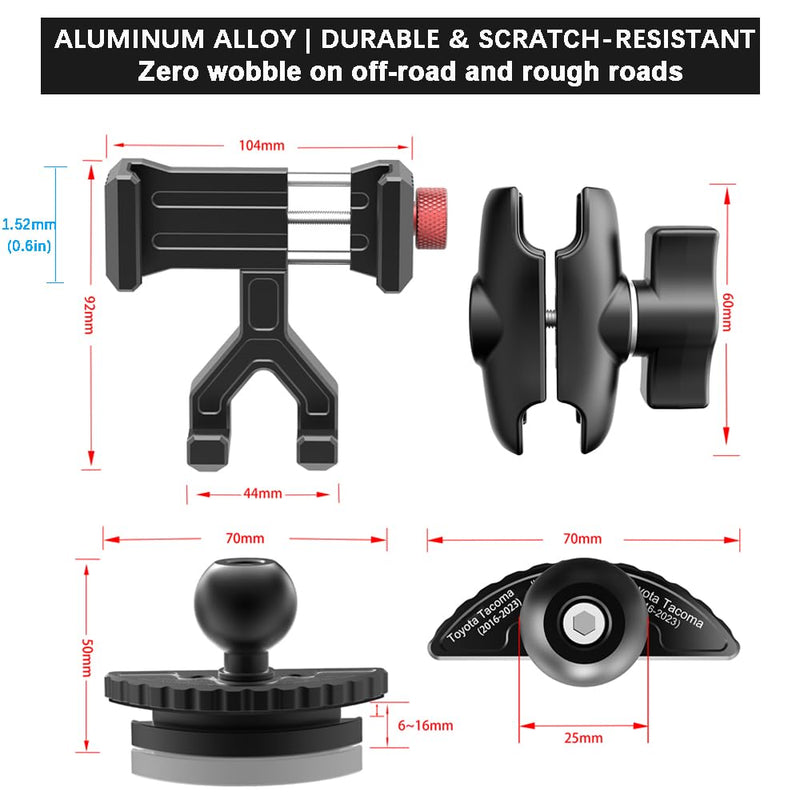 Upgraded Aluminum Vent Phone Mount for Toyota Tacoma 2016-2023 | 3rd Gen Tacoma Phone Holder | 360° Rotation | Zero Slip, Anti-Scratch | Easy to Use | Compatible with iPhone & Galaxy, More