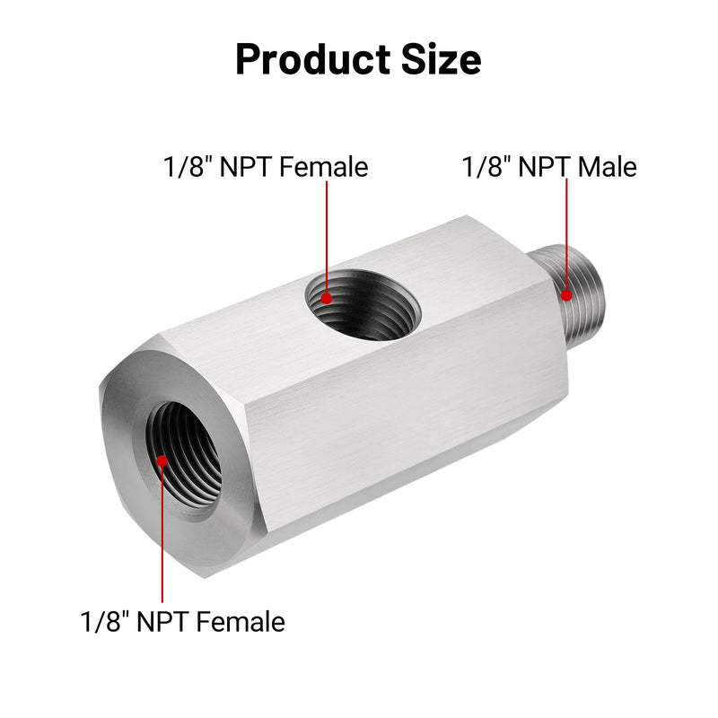 EVIL ENERGY 1/8 NPT Oil Pressure Sensor Tee Adapter, Stainless Steel 1/8 NPT Female to Male Threaded Oil Pressure Adapter with 1/8 NPT Female Port, Sliver 1/8 NPT-1/8 NPT-1/8 NPT