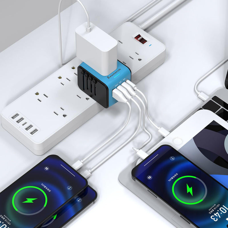 Travel Adapter Worldwide, Universal International Power Plug Adapter W/2.4A 3xUSB-A and 3.0A Type-C Wall Charger, European Travel Plug Adapter for Europe UK EU US CA AU Italy Asia-Blue 3A+1C ( Blue )