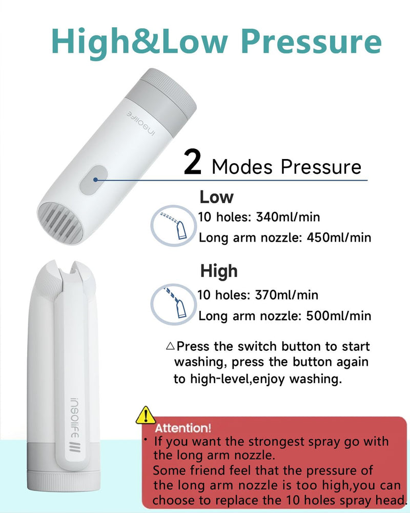 Insolife® Portable Bidet | High Pressure Travel Bidet 350ml | 2 Pressure Modes, IPX7 Waterproof, USB Rechargeable Personal Hygiene on Trip & Daily Use PB020