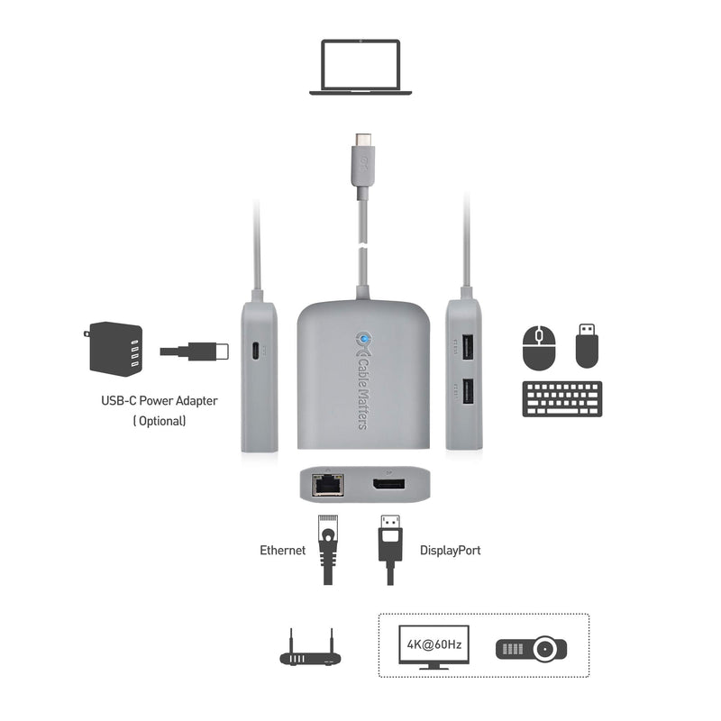 Cable Matters USB C Hub DisplayPort, 4K@60Hz (USBC DisplayPort Hub), 100Mbps Ethernet, 2X USB, 60W Host Charging in Gray - Thunderbolt 4 / Thunderbolt 3 Port Compatible for MacBook Pro