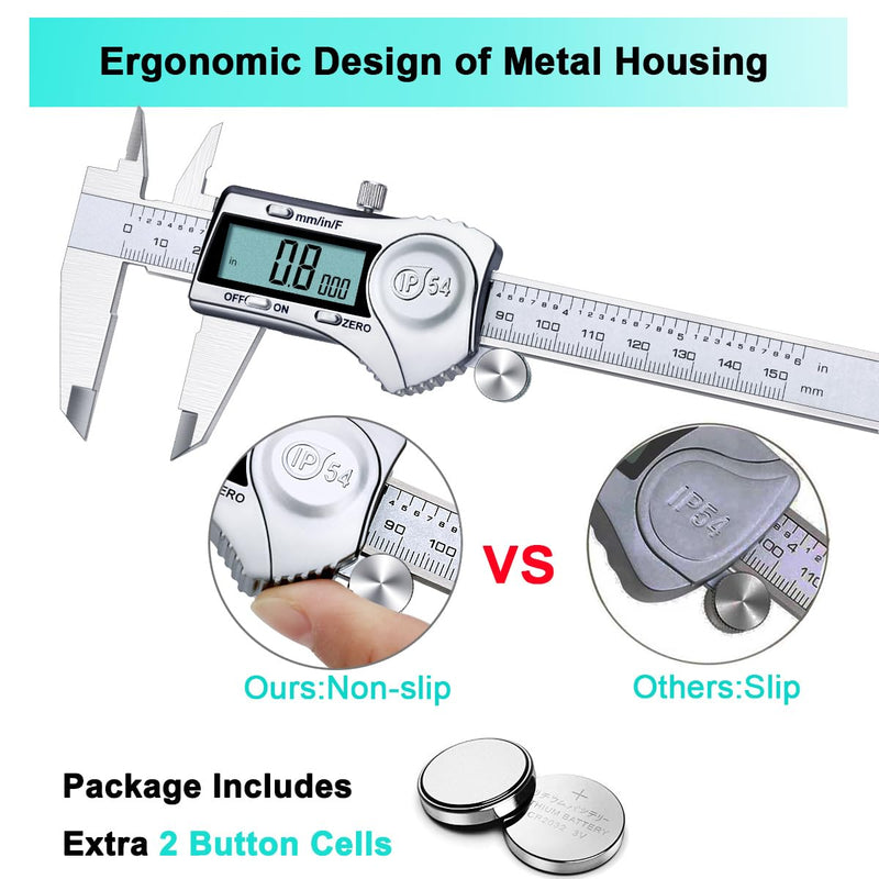 Kynup Digital Caliper, Caliper Measuring Tool Outside Micrometer, Vernier Dial Caliper, 6 Inch Caliper DIY Tool, Stainless Steel, IP54 Splash Proof, Inch Metric Fraction Switch, Large LCD Screen Silver 150mm