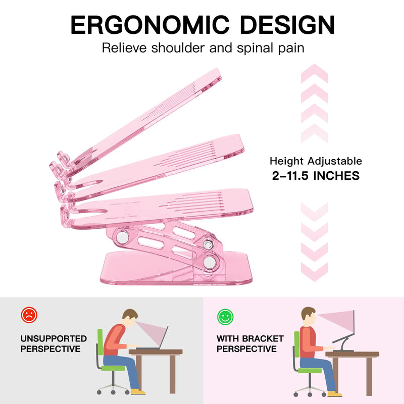 Pink Acrylic Adjustable Laptop Stand,Adjustable Height Foldable Laptop Riser for Desk, Clear Portable Laptop Holder Ergonomic Computer Stand,Compatible with 10-17.3” Laptops (Pink) pink