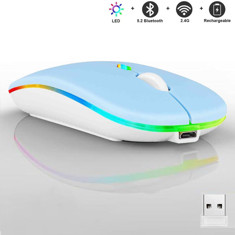 Wireless Bluetooth Mouse,LED Dual Mode Rechargeable Silent Slim Laptop Mouse,Portable(BT5.2+USB Receiver) Dual Mode Computer Mice,for Laptop,Desktop Computer,ipad Tablet,Phone,TV (Blue) blue