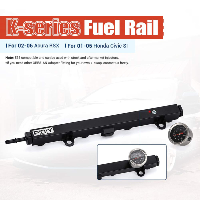 Black Aluminum Fuel Rail with Oil Gauge Kit Compatible with Honda Civic Acura RSX K20 K24 Engines