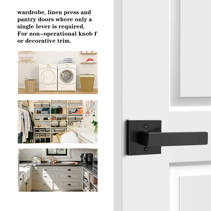 Probrico Matte Black Half Dummy Levers, Square Non-Turning Door Knobs for Left or Right Handed Doors, Interior Keyless Door Handle for Closet or Pantry (2 Pack, Single Side, Exposed Screws) 2
