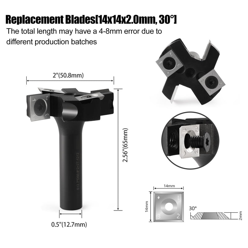 CNC Spoilboard Surfacing Router Bit 1/2" Shank,Carbide Insert Surfacing Router Bit with 2" Cutting Diameter, 2+2 Slab Flattening Router Bits with 10 PCS Indexable Insert(14x14x2mm for Flycutter 2" Dia 2+2 T Type