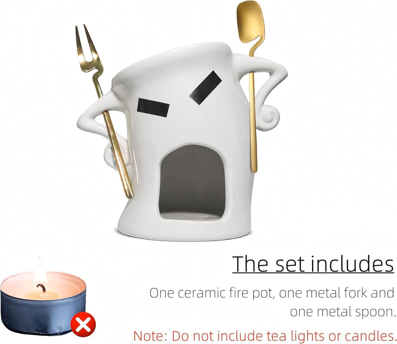 Chocolate Fondue Mug with Attitude - Ceramic Melting Cup for Chocolate Fondue Set, Mini Dessert Party with Fork & Shovel (Gold) Gold