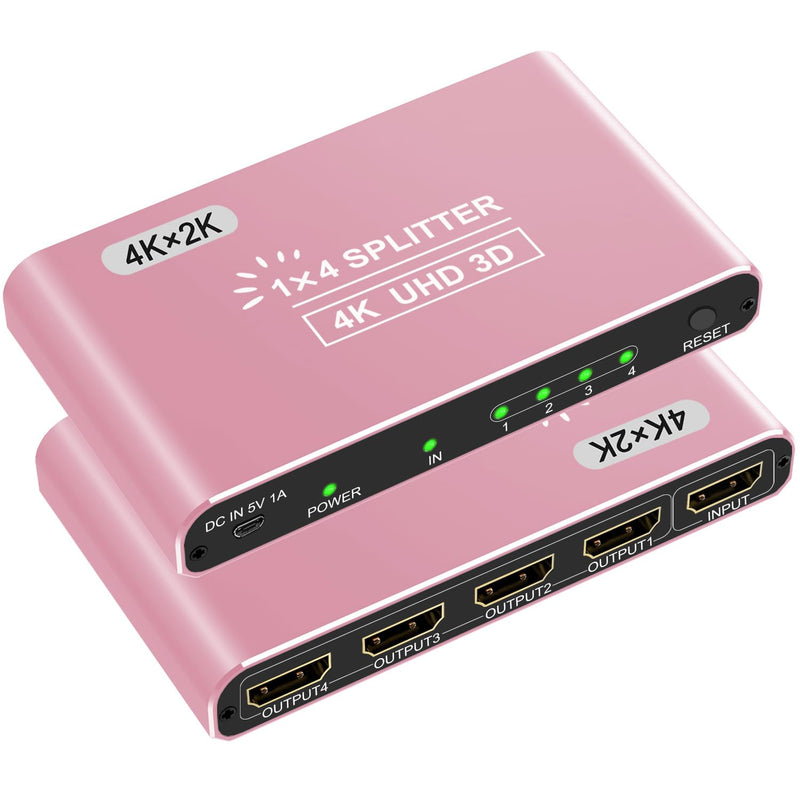 CLOSS HDMI Splitter 1 in 4 Out, 4K HDMI Splitters for Dual Monitors Supports 3D Full HD 1080P Aluminum HDMI Spliter HDMI Adapter for TV Compatible for PS4 Fire Stick HDTV(1 Source to 4 Displays) Pink