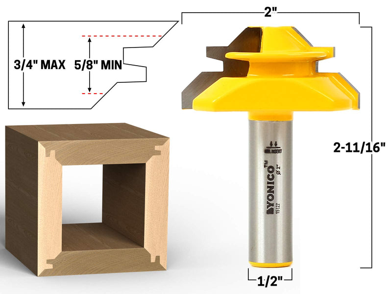YONICO Lock Miter Router Bit Set 3 Bit 45 Degree 1/2-Inch Shank 15334 3 Bit Set - 1/2" Shank