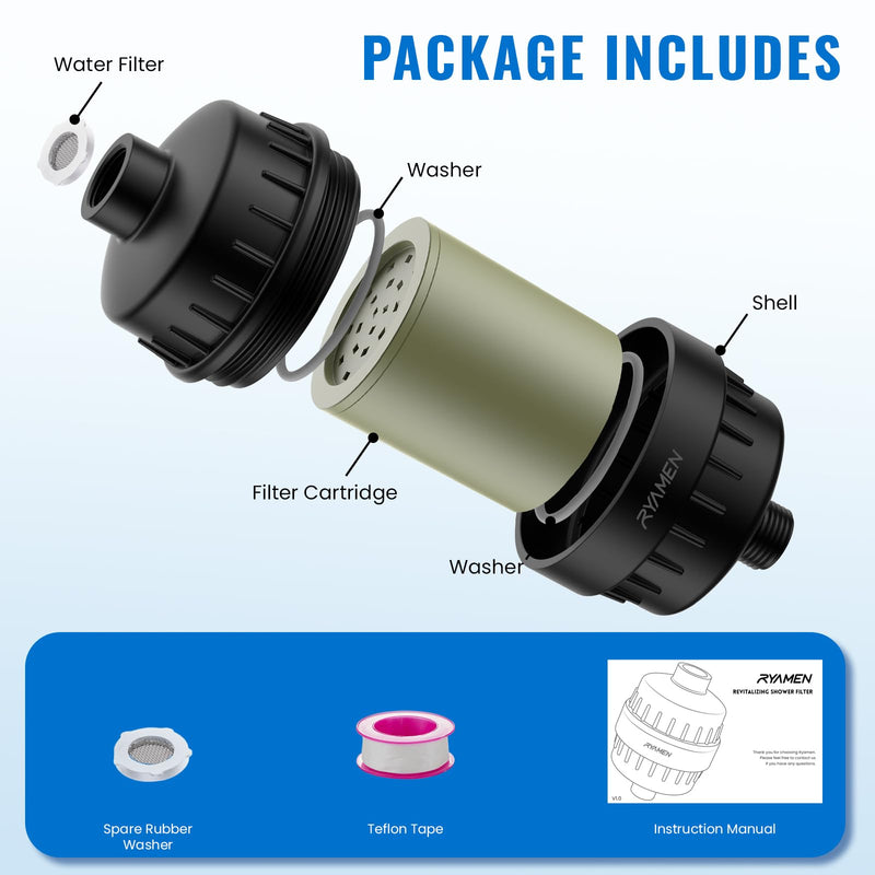 Ryamen Heavy Duty Shower Filter, Shower Water Filter, 99% REMOVAL Shower Head Filter for Hard Water, Heavy Metals, Chlorine (2 Cartridges, Black) 2 Filters