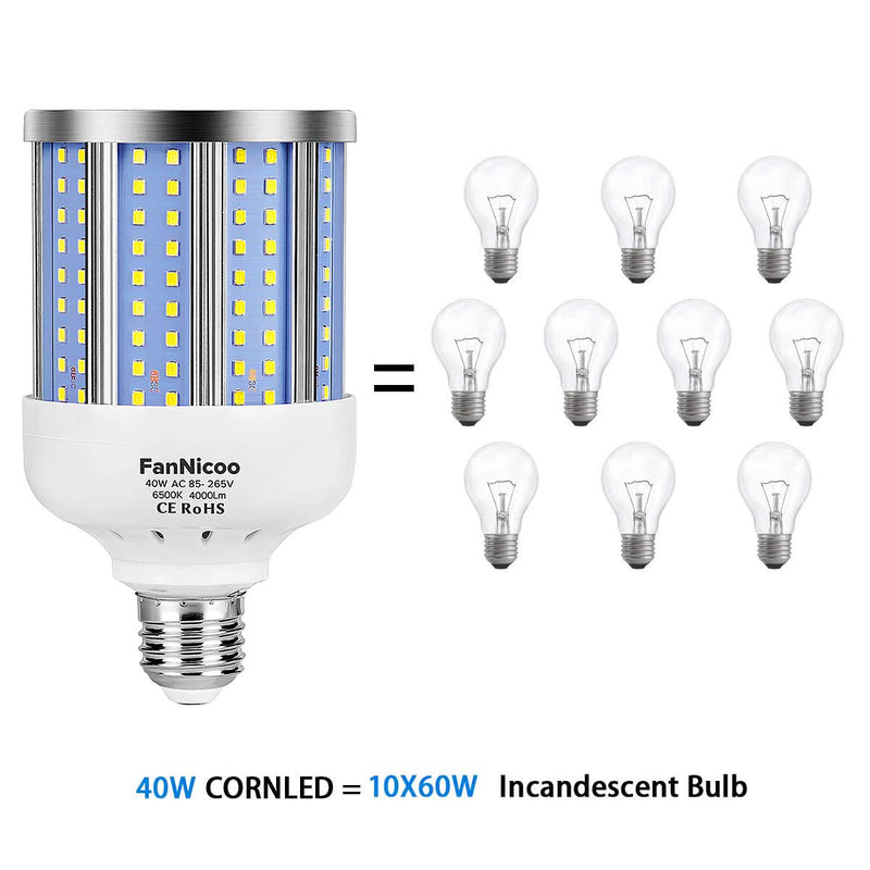 2 Pack 280W Equivalent LED Corn Light Bulb, 4000 Lumen 6500K Cool White Daylight 40W LED Corn Lamp,E26/E27 Medium Base,for Indoor Outdoor Warehouse Garage Basement Backyard Factory Barn and Many Area 40.0 Watts
