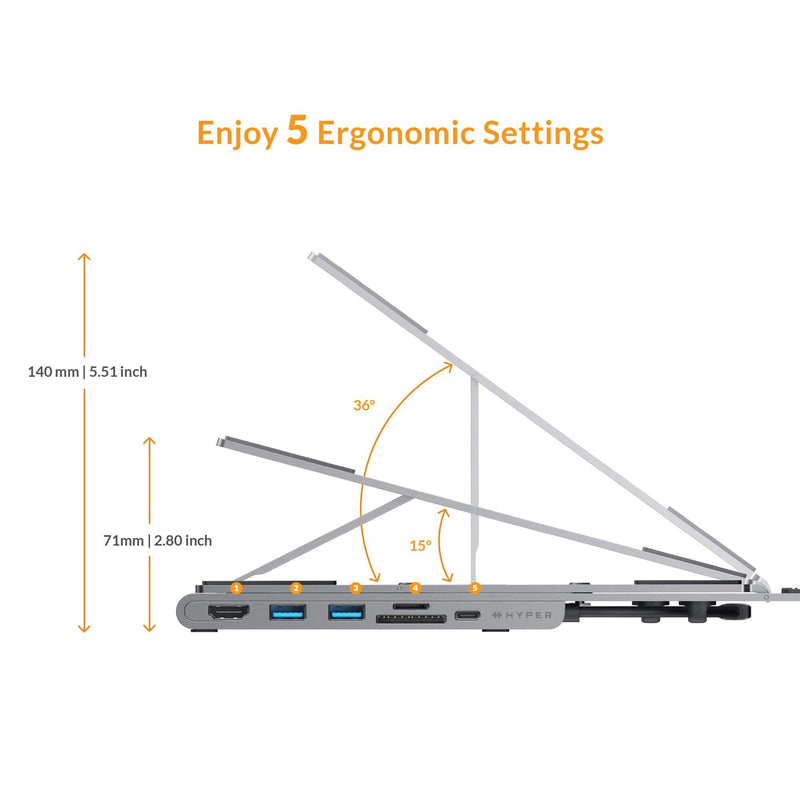 HyperDrive 7 in 1 USB C Hub Laptop Stand - HDMI 4K30Hz, USB-C 100W PD, USB-A 5Gbps, SD/MicroSD, Compatible with MacBook/iPad/Windows/Chrome - 10”-17” Laptop Docking Station Stand
