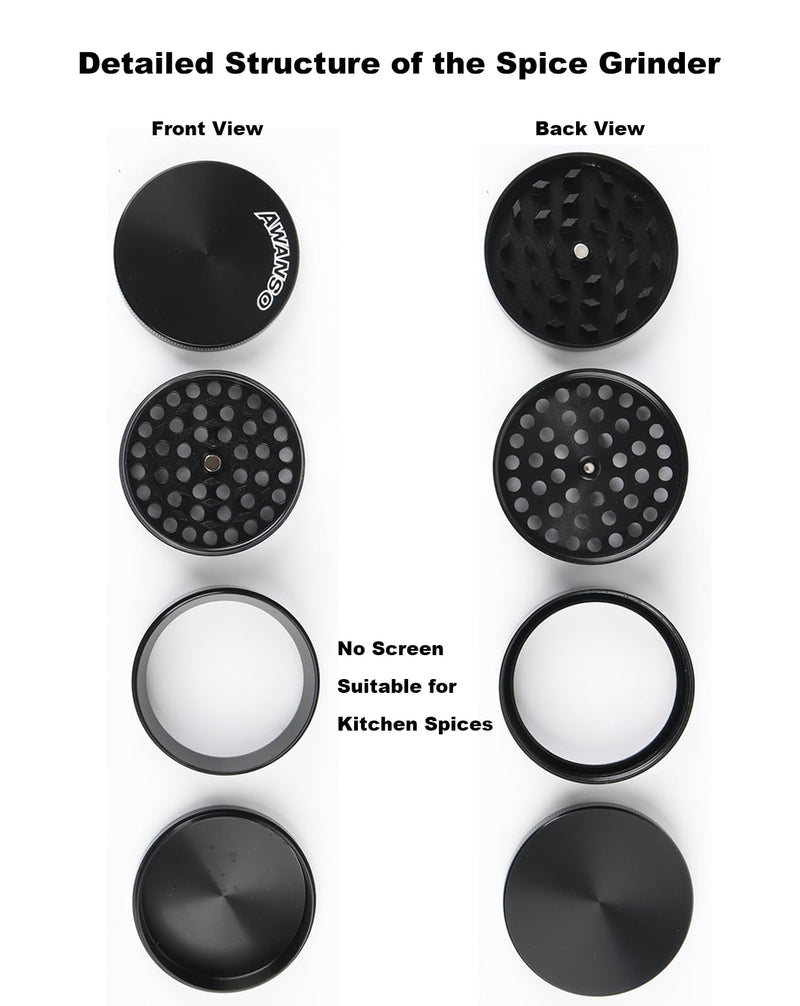 2" Grinder for Kitchen Spices, 3-Piece 4-Part Design, Screen-Free, Durable Zinc Alloy, Black 2.0"