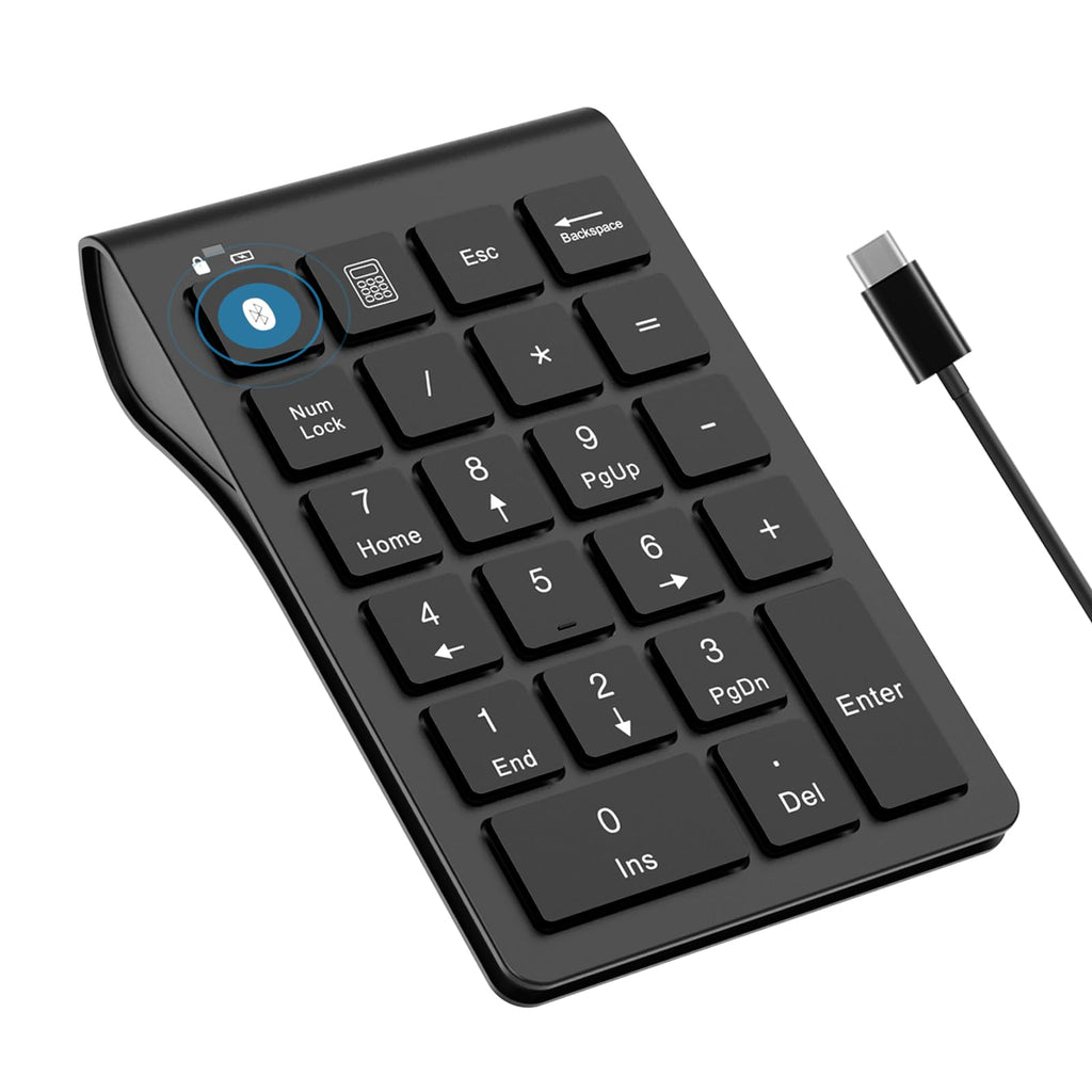 Bluetooth Number Pad Wireless & Wired 10 Key USB Keypad Two in One, Rechargeable Numpad for Laptops, Desktop, Computers Accessories Compatible with MacBook iPads ChromeBook EliteBook Notebook etc. Black