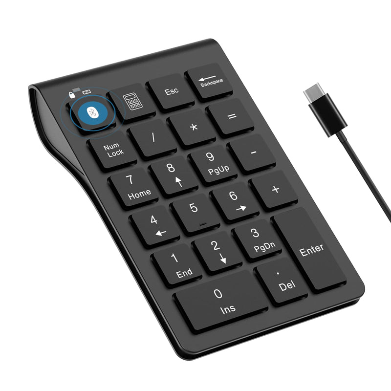 Bluetooth Number Pad Wireless & Wired 10 Key USB Keypad Two in One, Rechargeable Numpad for Laptops, Desktop, Computers Accessories Compatible with MacBook iPads ChromeBook EliteBook Notebook etc. Black