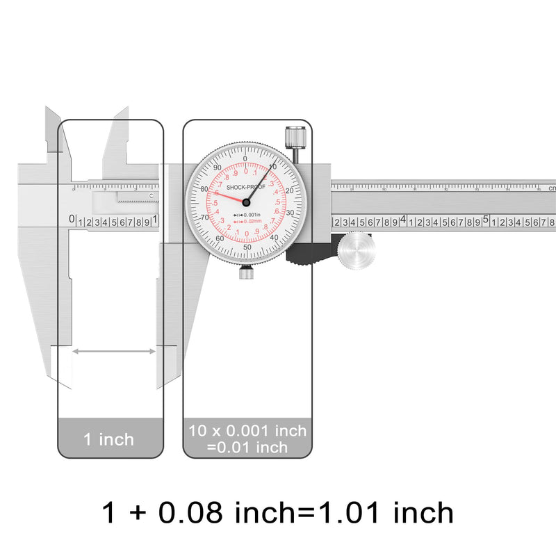 HDLNKAK Dial Caliper 0-6"/150mm Dual Reading Scale, Inch/Metric SAE Standard, Stainless Steel Caliper Measuring Tool Accurate to 0.001”/ 0.02 mm, Silver Dial Caliper 0-6"/150mm Range